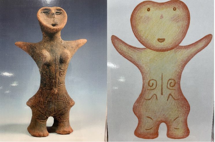 坂上遺跡出土土偶　始祖女神像（左）と　ふじみおもちゃ工房キャラクター　しそ　めが美（右）